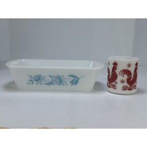 Vintage Glasbake J-522 Blue Thistle Baking Dish & Atlas Red Rooster Coffee Cup